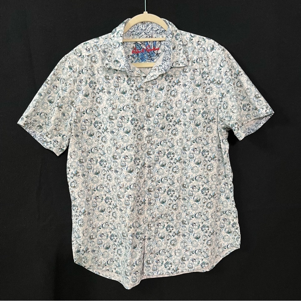 Robert Graham short sleeve button up Shirt L Geometric flip cuff Blue Gray Mens
